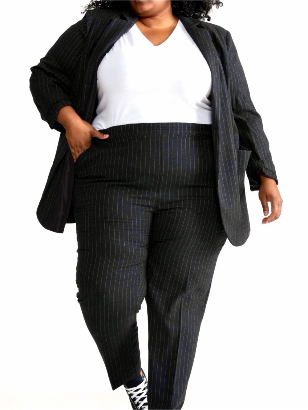 Universal Standard Graphite Charcoal Grey Pinstripe Tailored Suit Jacket & Pants